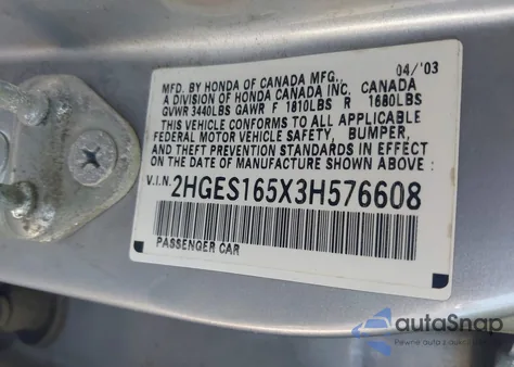 2003 Honda Civic Lx from USA, damaged, VIN 2HGES165X3H576608